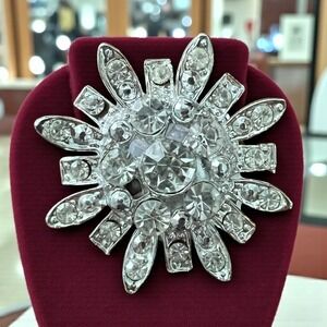 Large Vintage Sparkling Starburst Brooch Rhinestone Brooch Silver Tone Statement